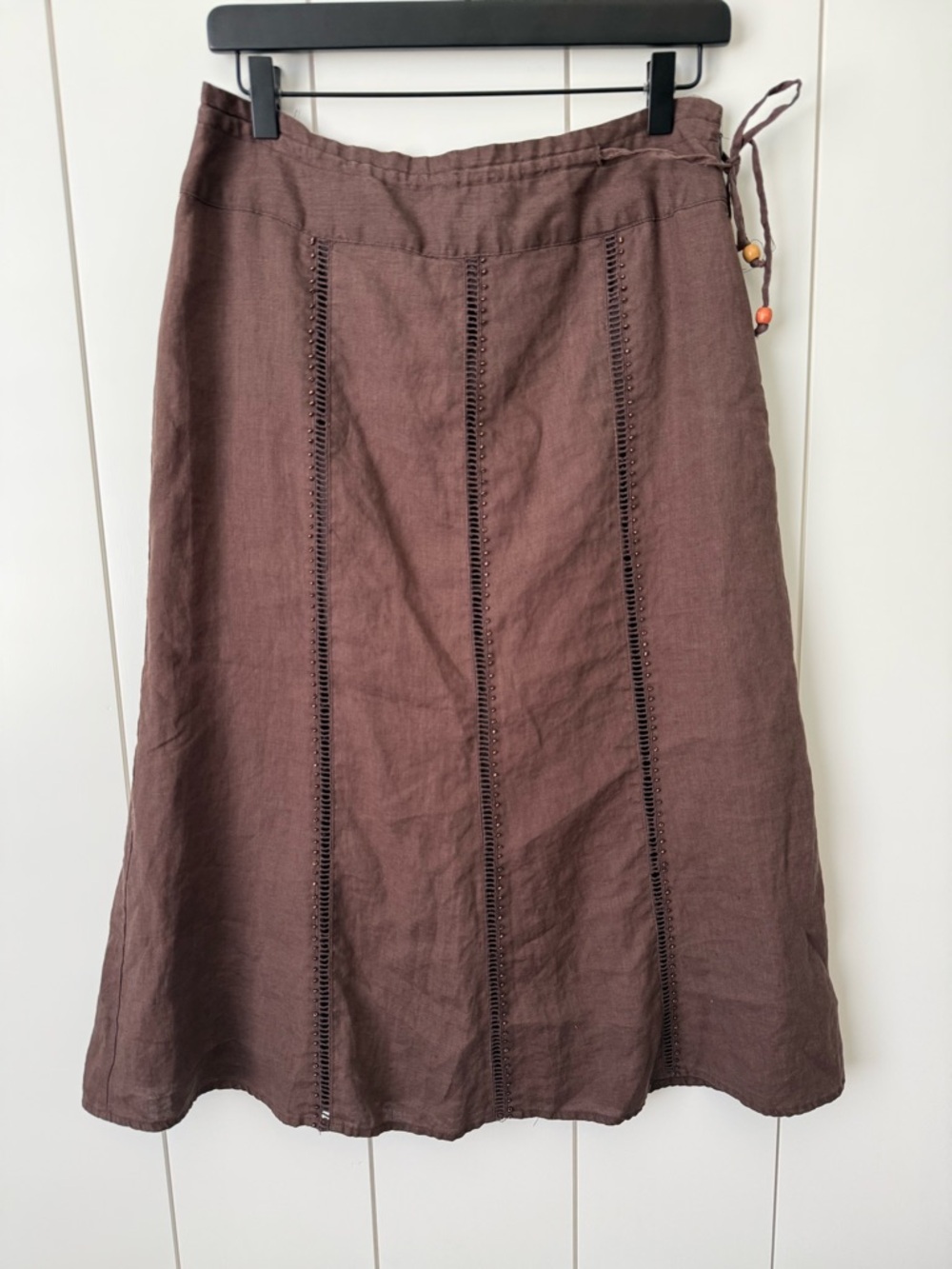 Midi A-Line Linen Blend Skirt in Brown with Side Tie